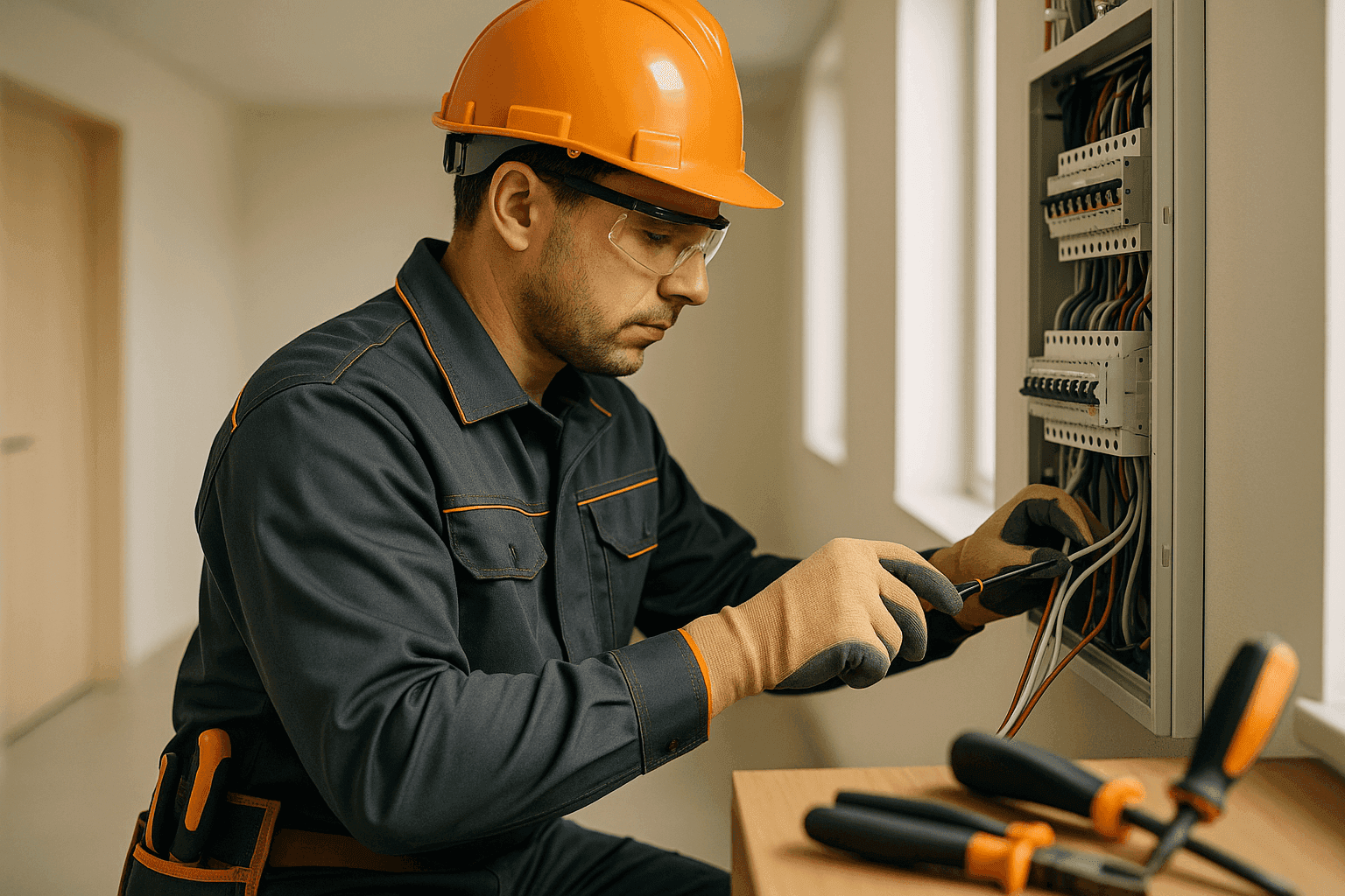 Electrician wearing PPE inspecting wiring at a clean residential or commercial electrical panel.