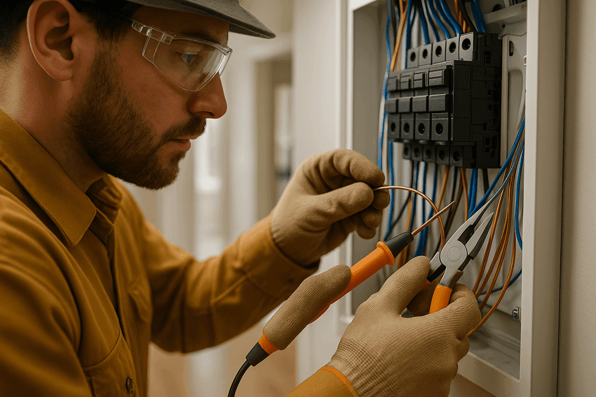 Close-up of electrician’s gloved hands connecting copper wires inside a tidy residential electrical panel.